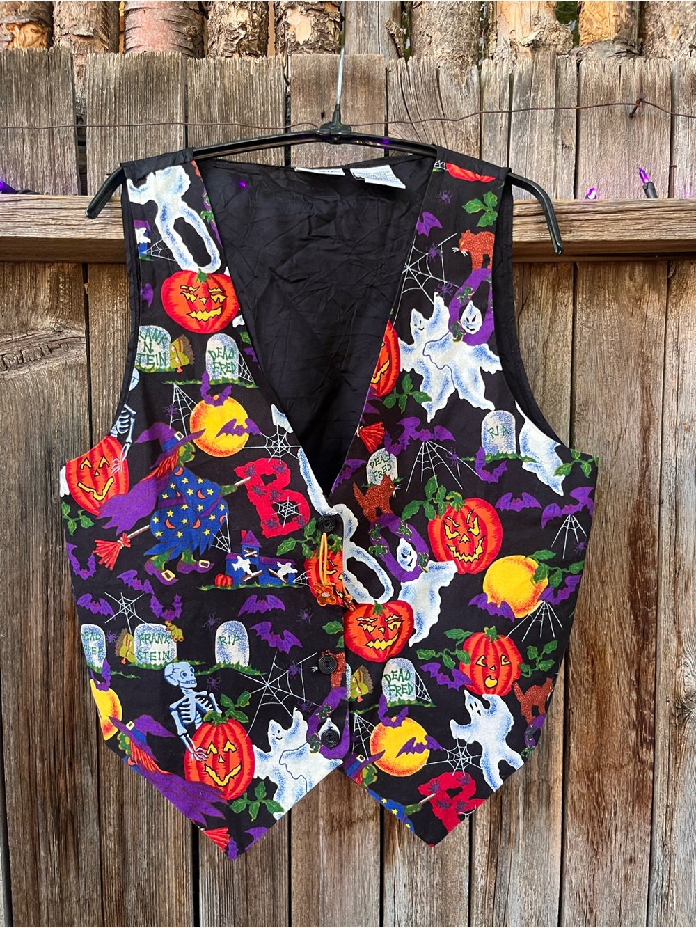 Halloween 90s Vintage Vest - Black Multi-Color Spooky Print